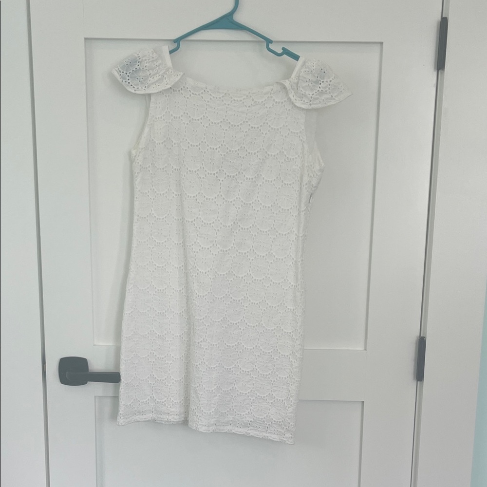 Girls White Eyelet Ruffle Shoulder Dress